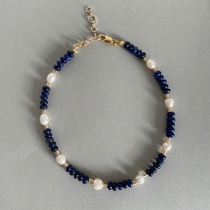Lapis lazuli necklace gold, lapis lazuli pearl necklace, 14k gold filled baroque pearls and lapis lazuli raw gemstone handcrafted necklace