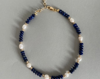 Lapis lazuli necklace gold, lapis lazuli pearl necklace, 14k gold filled baroque pearls and lapis lazuli raw gemstone handcrafted necklace
