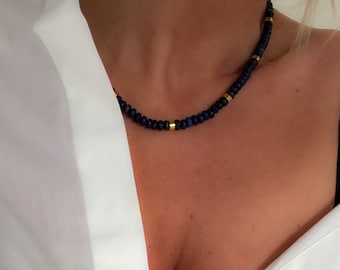 Lapis Lazuli necklace gold 14k, raw lapis lazuli jewelery, beaded gemstone necklace choker, unique handcrafted necklace special women gift