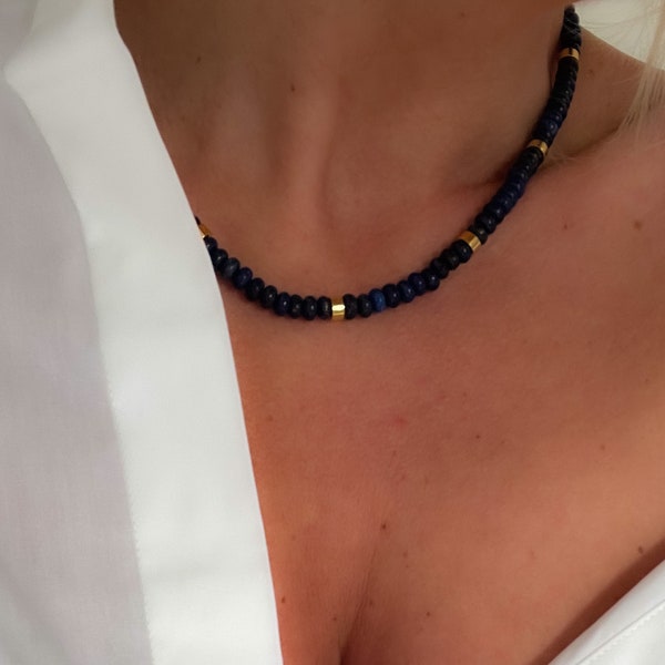 Lapis Lazuli necklace gold 14k, raw lapis lazuli jewelery, beaded gemstone necklace choker, unique handcrafted necklace special women gift
