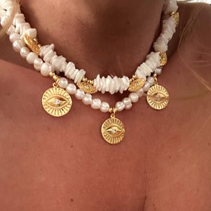 Evil Eye Pearl Choker: 18k Gold-Plated Protection Necklace