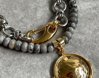 Beaded Labradorite Necklace: 18k Gold Hammered Disc Pendant