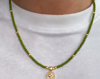 vintage olive green jade pear necklace on vermeil