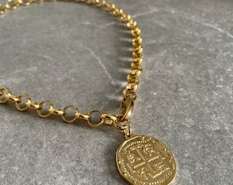 Gold Chunky Chain Necklace: Greek Coin Pendant, Statement Jewelry