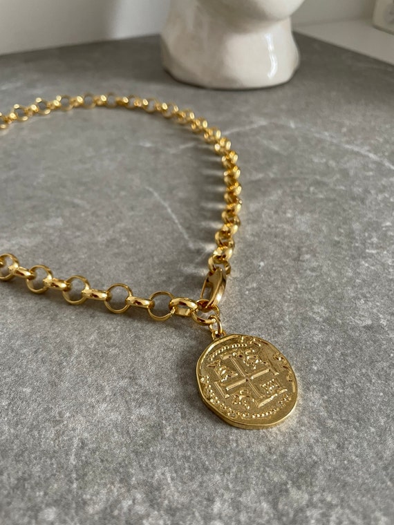 Gold Chunky Chain Necklace: Greek Coin Pendant, Statement Jewelry