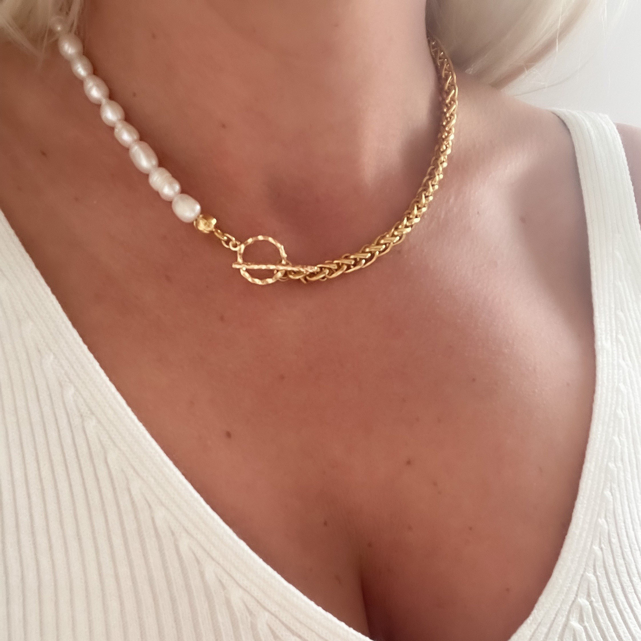 ネックレス・チョーカー [VINTAGE HOLLYWOOD] Chain Half Pearl Necklace Half Pearl Chain Necklace, 18ct Gold Necklace, Gold Choker