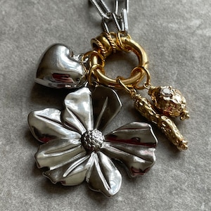 Mixed Metal Charm Necklace: Silver Flower, Gold Accents
