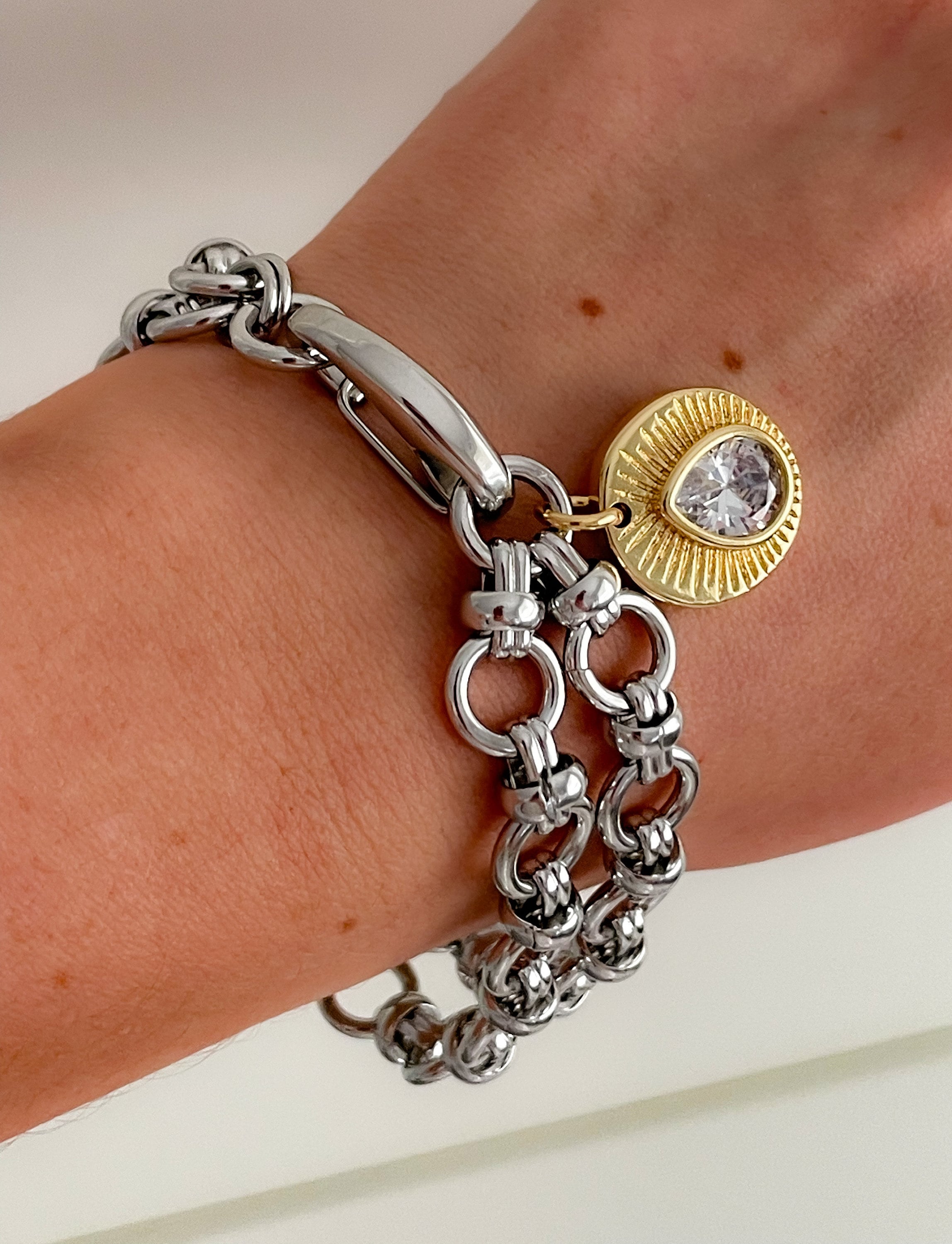 Silver Chain Chunky Bracelet,real AAA Crystal Gold Charm