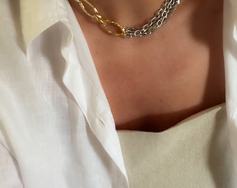 Two-Tone Chain Choker: Mixed Metal Multi Strand Necklace