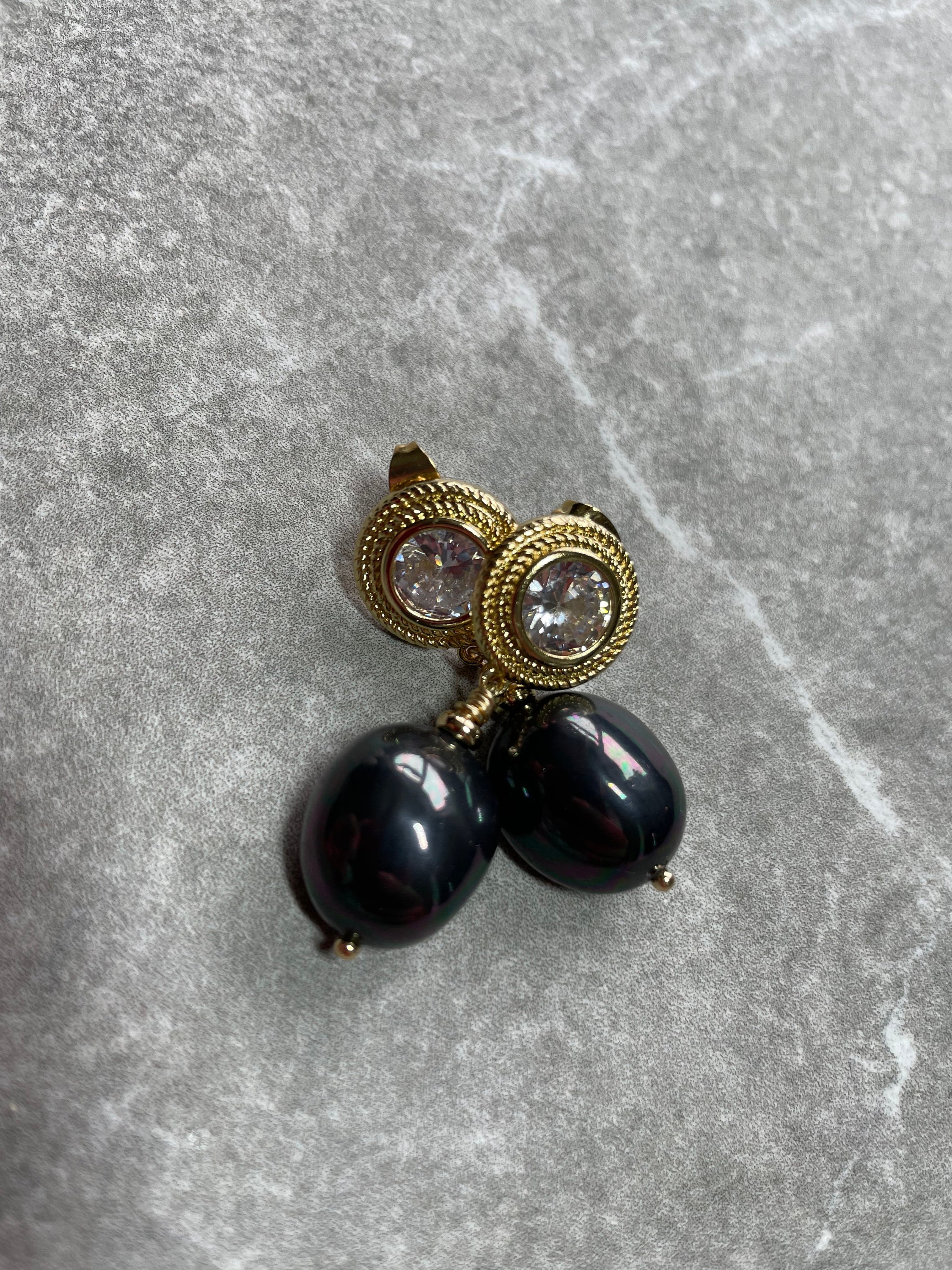 Boucles D'oreilles Pendantes En Argent Massif & Vermeil Avec Perles Noires - Occasion