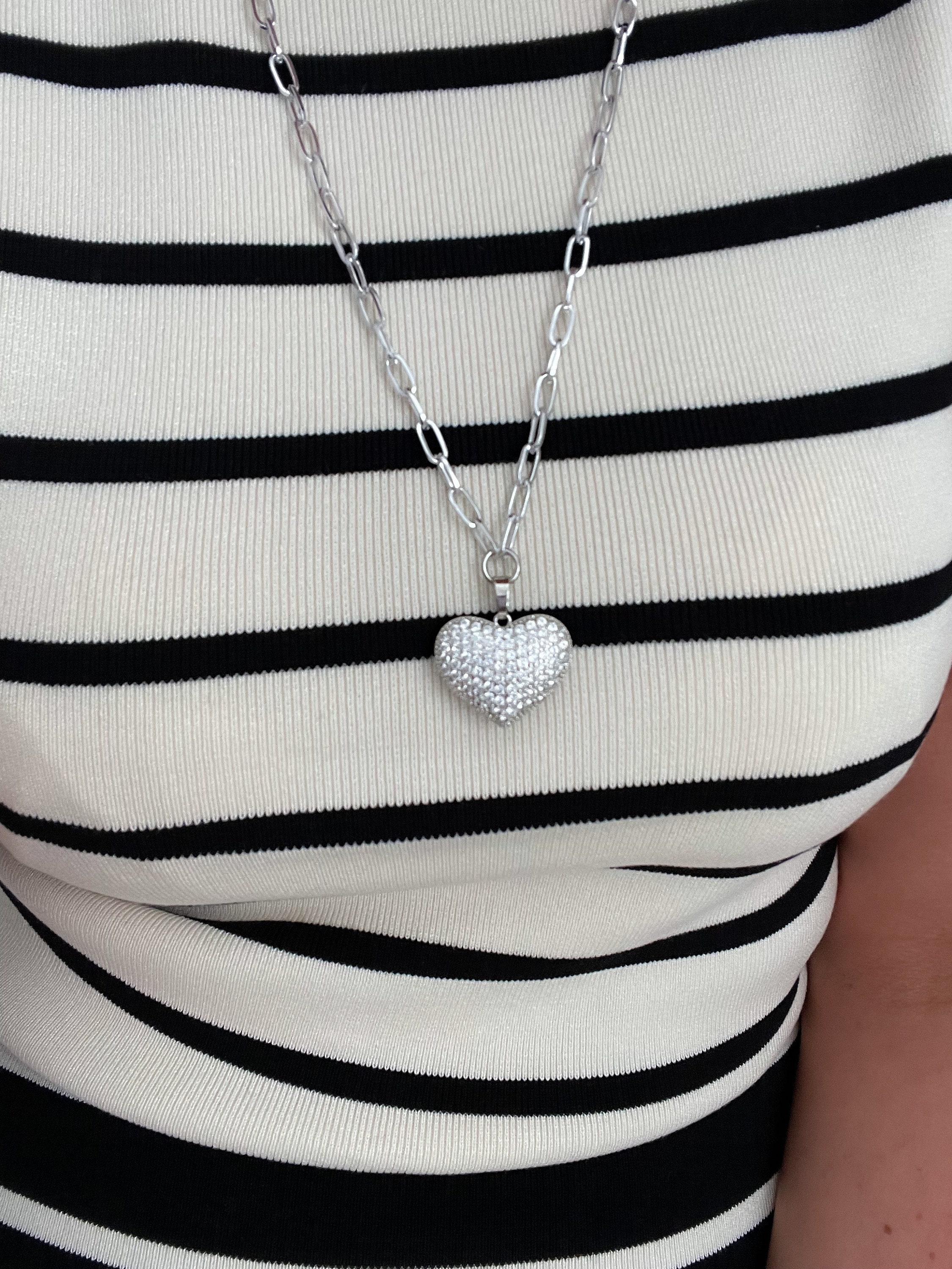 Chunky Silver Heart Pendant Long Chain Necklace, Large Heart