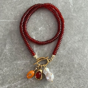 Red Agate Beaded Necklace: Baroque Pearl & 18k Gold Plated Charms
