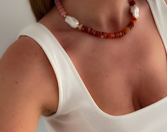 Collana girocollo con pietre preziose spesse e grandi perle di conchiglia, collana in agata grezza, collana multicolore, collana di perline con pietre preziose importanti, regalo