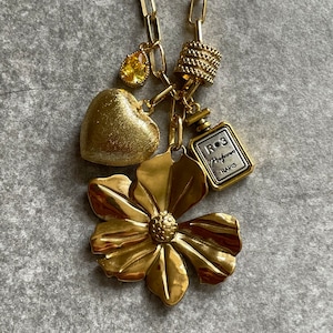 Multi charm necklace, 18k heart charm flower parfum coin pendant necklace, 18k gold long chain mixed metal necklace, old money jewelery gift