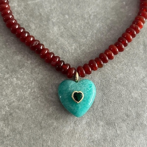 Red Agate & Amazonite Heart Pendant Beaded Necklace , statement gemstone jewelry
