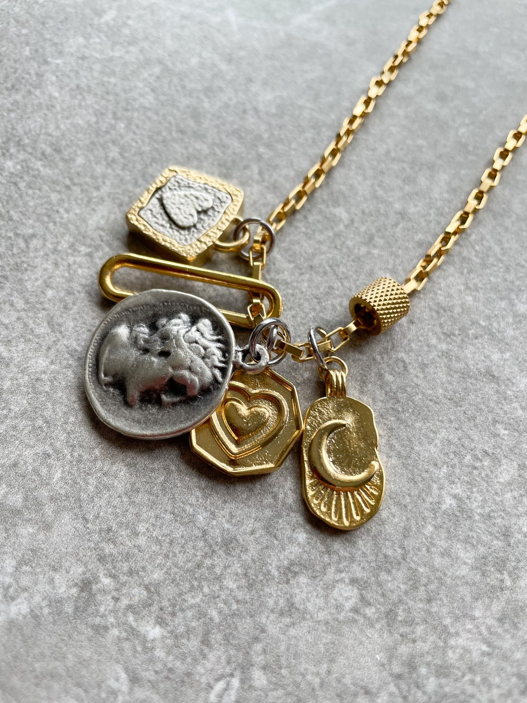 Mixed Metal Charm Necklace: Ancient Greek Coin, Heart Charms, 18k