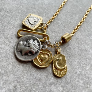 Multi charm necklace, 18k heart charm Ancient Greek coin pendant necklace, 18k gold long chain mixed metal necklace, old money jewelery gift