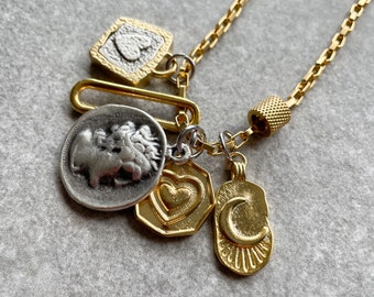 Multi charm necklace, 18k heart charm Ancient Greek coin pendant necklace, 18k gold long chain mixed metal necklace, old money jewelery gift