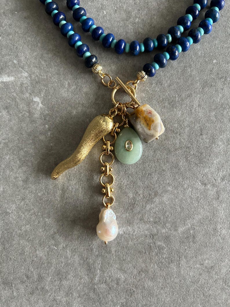 Lapis Lazuli Perlen Multi Charm Halskette: Türkis, Achat, Perle, Horn Bild 6