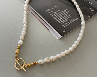 Baroque Pearl Necklace: Gold Toggle Clasp, Sterling Silver