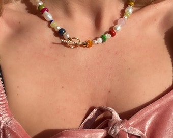 Dainty Trendy boho beaded Necklace, Multicoloured Pearl choker, Mixmatched Real Gemstones and Freshwater Pearls choker necklace, Rainbow UK