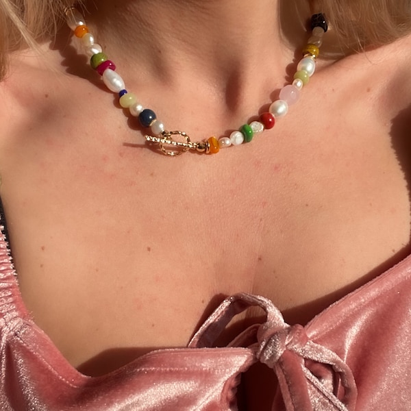 Boho Pearl Choker: Gemstone Beaded Necklace, 14ct Gold Filled