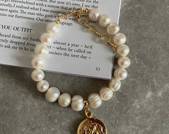 Baroque Pearl Bracelet with Gold Coin Charm, 18k Gold Plated