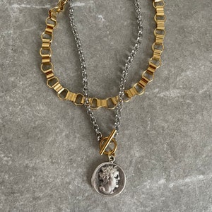 Silver Coin Pendant Necklace: Stainless Steel Toggle Clasp Chain