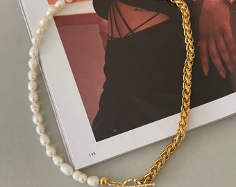 Half Pearl Chain Necklace: 18ct Gold Plated Choker, Handmade UK
