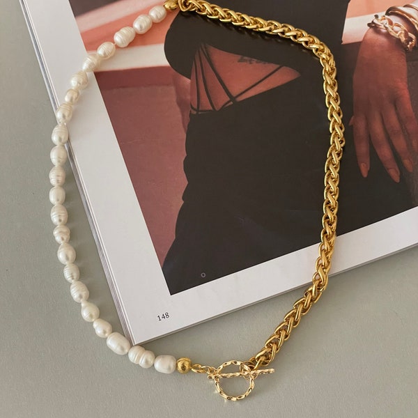 Half pearl chain necklace, 18ct gold necklace, gold choker necklace, beaded pearl chain, pearl choker gold, unique gifts for women, Made UK