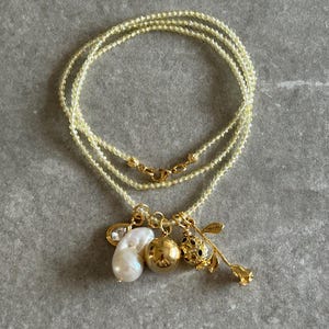 Baroque Pearl Charm Necklace: Crystal Beaded, 18k Gold Plated Rose Pendant