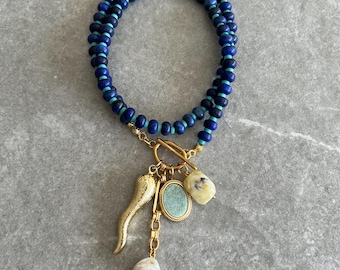 Lapis Lazuli Beaded Charm Necklace: Turquoise, Agate, Pearl