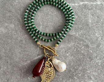 Emerald green necklace, genuine gemstone beaded necklace,baroque pearl charm fish charm necklace, multi charm necklace, summer jewelry