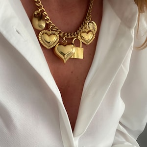 chunky heart necklace, chunky heart charm necklace, chunky gold heart necklace, multi charm necklace, padlock, large heart pendant necklace
