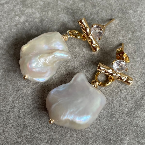 18k Gold Barock Perle Tropfen Ohrringe, unregelmäßige Form echte Perle Ohrstecker, klobige Perle Statement Ohrringe, einzigartiges Geschenk Frauen Frau Mama