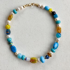 Big bold gemstone and large pearl necklace choker, boho beaded Necklace, Multicoloured Pearl choker, statement choker, blue yellow beads