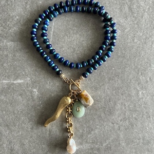 Lapis Lazuli Beaded multi Charm Necklace: Turquoise, Agate, Pearl, horn