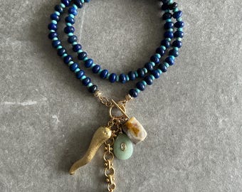 Lapis Lazuli Beaded multi Charm Necklace: Turquoise, Agate, Pearl, horn