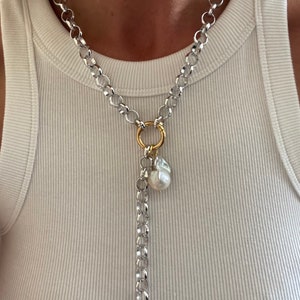 Baroque Pearl Pendant Necklace: Chunky Silver Chain, Trendy Jewelry