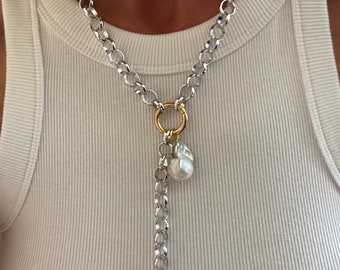 Baroque Pearl Pendant Necklace: Chunky Silver Chain, Trendy Jewelry
