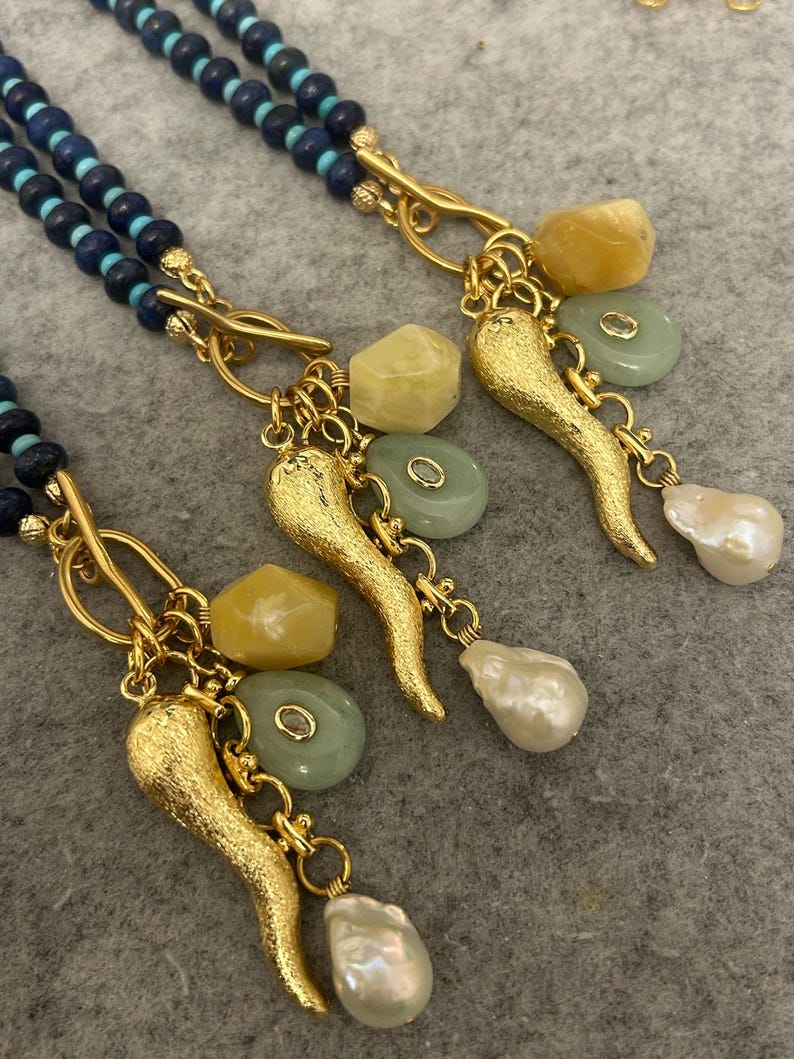 Lapis Lazuli Perlen Multi Charm Halskette: Türkis, Achat, Perle, Horn Bild 8