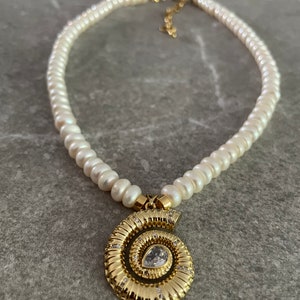 Large Shell Pendant Necklace: Freshwater Pearl Choker, 18k Gold Plated