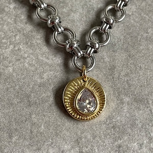 Silver chunky chain gold real crystal gold charm necklace, mixed metal gold silver chain  vintage necklace, statement choker, women gift uk