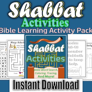 Peut inclure: Un pack d'activités de Shabbat imprimable pour les enfants. Le pack comprend une recherche de mots, un labyrinthe, une page à colorier et plus encore. La couverture présente une illustration colorée d'un shofar.