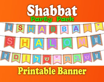 Shabbat Printable Banner Party Pack - "Shabbat Shalom" in English & Hebrew - Customizable Activities for Kids