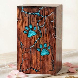 Resin Paw Print Wooden Pet Urn for Ashes – Custom Cremation Urn for Dogs & Cats – Personalized Pet Handmade Memorial Keepsake Box