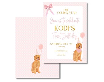 One Golden Birthday editable party invitation template 5x7 | golden retriever, first birthday party, 1st birthday, golden birthday | CUSTOM