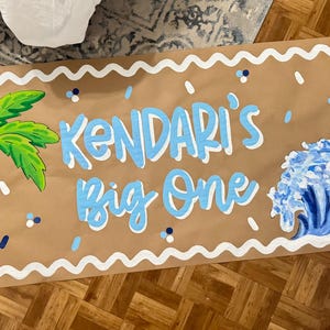 Big One Surf First Birthday Banner – Hand Painted Kraft Paper w/ Wave, Surfboard & Palm – Custom Party, Grad, Bachelorette Decor