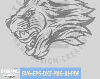 May include: A grayscale illustration of a lion's head in profile, showcasing a fierce expression with bared teeth. The design features detailed shading and a stylized mane. The image includes the text "SVG-EPS-DXF-PNG-AI-PDF".