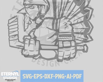 May include: A grayscale illustration of a turkey wearing a hockey helmet and gloves, holding a hockey stick. The turkey has a stern expression and a feathered tail. The image includes the text "SVG-EPS-DXF-PNG-AI-PDF".